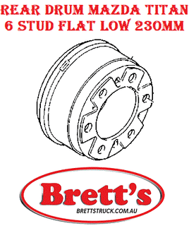 SPEC 11540.576  REAR BRAKE DRUM 6 STUD 230MM ID  WG5AT 1989-  2.5L     WGFAD 1989-    TITAN 3.0L    HA 4 CYL    3.0L    1989-  MAZDA    WGFAT  6 STUD    TITAN 3.0L    HA 4 CYL    3.0L    1989-  MAZDA    WGLAD        WGSAT .0L    VS    3.0L    1995-