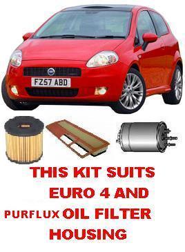 KIT9608 FILTER KIT FIAT PUNTO EURO 4 2005- 1.3L JTD 199A3.000 4 CYL OIL FUEL FILTERS AIR FILTER  WITH PURFLUX OIL FILTER HOUSING