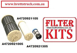 FE0054SET FUEL FILTER  KIT SET  Set of 3 Fuel Elements Contains:    Filter Fits:    Mercedes-Benz Actros Euro 5/6 Trucks Replaces:    Mercedes-Benz A0000901752, A4720921305 (Screen only), A4720921105 (Final only), A720921005 (Coalescer only)