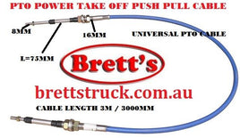 PTO0304 UNIVERSAL POWER TAKE OFF  PTO TIPPER CABLE  DAIHATSU DELTA    POWER TAKE OFF  PTO CABLE     WILL SUIT UNIVERSAL MODELS AND APPLICATIONS  CABLE LENGTH = 3000MM / 3M HAS 2 X 8MM SHAFT ENDS  HAS A PULL / PUSH REACH OF 75MM