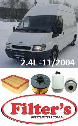 KIT8003A FILTER KIT FORD TRANSIT 2.4L TURBO DIESEL 2000-2005  OIL FUEL AIR  LUBE FILTER SERVICE KIT 2.4L TURBO DIESELS 2000-2006    VH Turbo Diesel 4 cyl 2.4L      12/2000-04/2004        VJ Turbo Diesel 4 cyl 2.4L     05/2004-10/2004  KIT8003