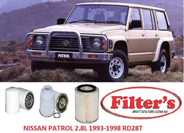 KIT4034 FILTER KIT NISSAN GQ SERIES II PATROL DIESEL 2.8L RD28T TURBO DIESEL 1993-1998 OIL FUEL AIR FILTERS   RD28 LUBE SERVICE SET KIT  FSK002 K18220 K-18220