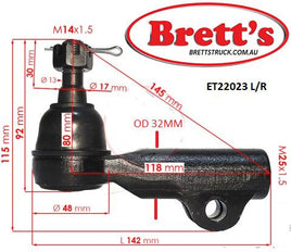 ET22023L  LH LEFT HAND TIE ROD END LH TIE ROD END 48570-0T825 485700T825  NISSAN  Civilian Steering system May 88~Feb 99 4.2 L RGW40 TD42  Steering system Sep 04~ 4.5 L DHW41 TB45E  NISSAN Microbus Civilian Steering system Jun 08~ 3.0 L W41 ZD30DDTi