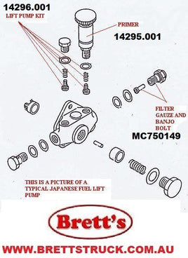 14296.001 KIT LIFT PUMP FUEL PRIMER LIFT PUMP  MOST JAPANESE HINO FG17*L 1986-91 HINO GH3H EAGLE 1991-96 HINO LA5** 1971-1981 HINO BC144 BUS HINO BD186 BUS HINO FT16*L 1985-91 HINO FE3H RAVEN 1991-1996 HINO KR3** 1971-1981 HINO FM1J RANGER PRO